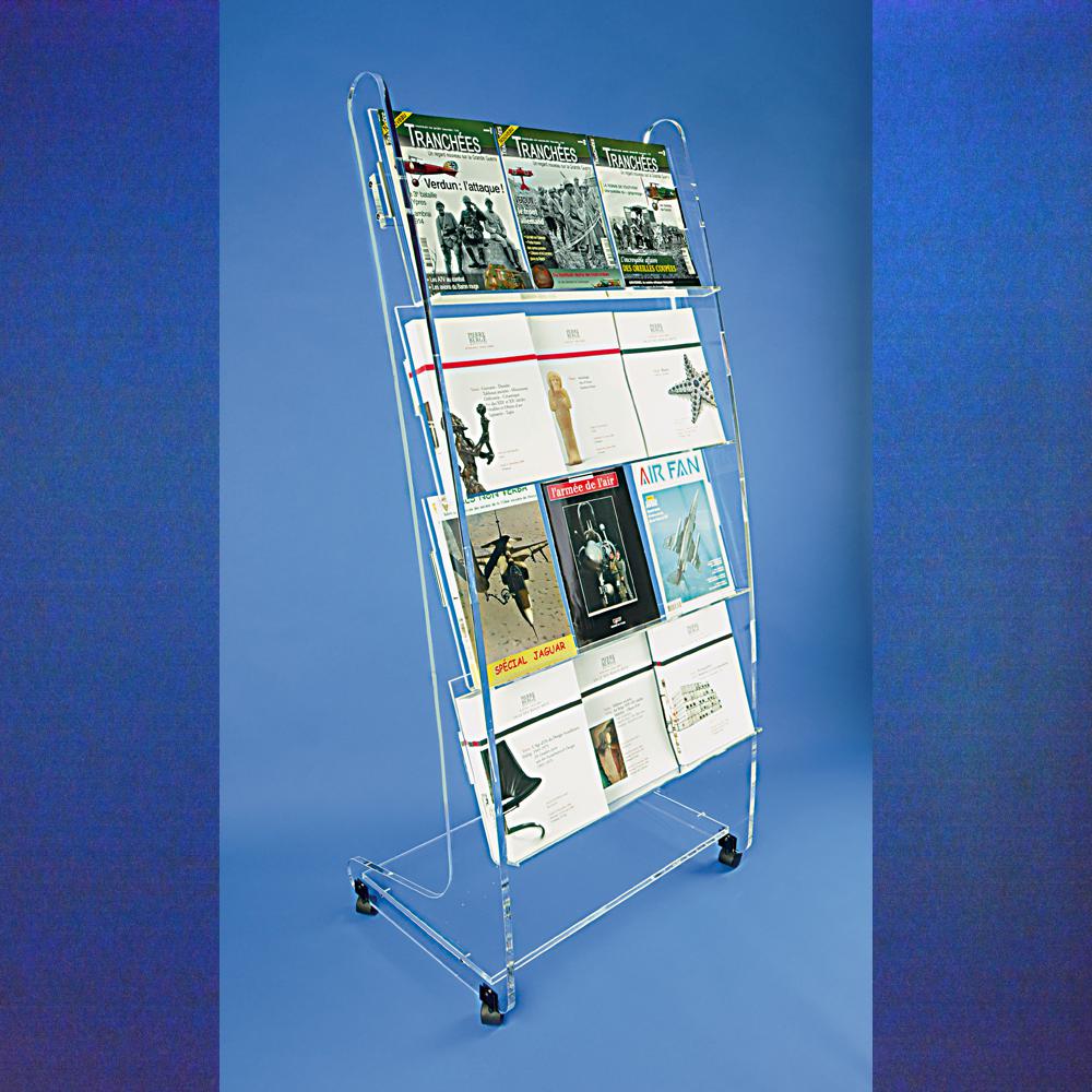 Présentoir à Magazines 4 Niveaux Sur Roulettes - Métal Noir - Mobile Et Inclinable - Pour Salon, Bureau, Salle D'attente